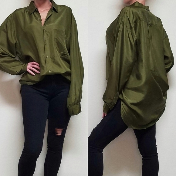 Vintage Tops - Vintage 90s IOU Silk Olive Oversized Button Up Hi-low Tunic Blouse Mini Dress M